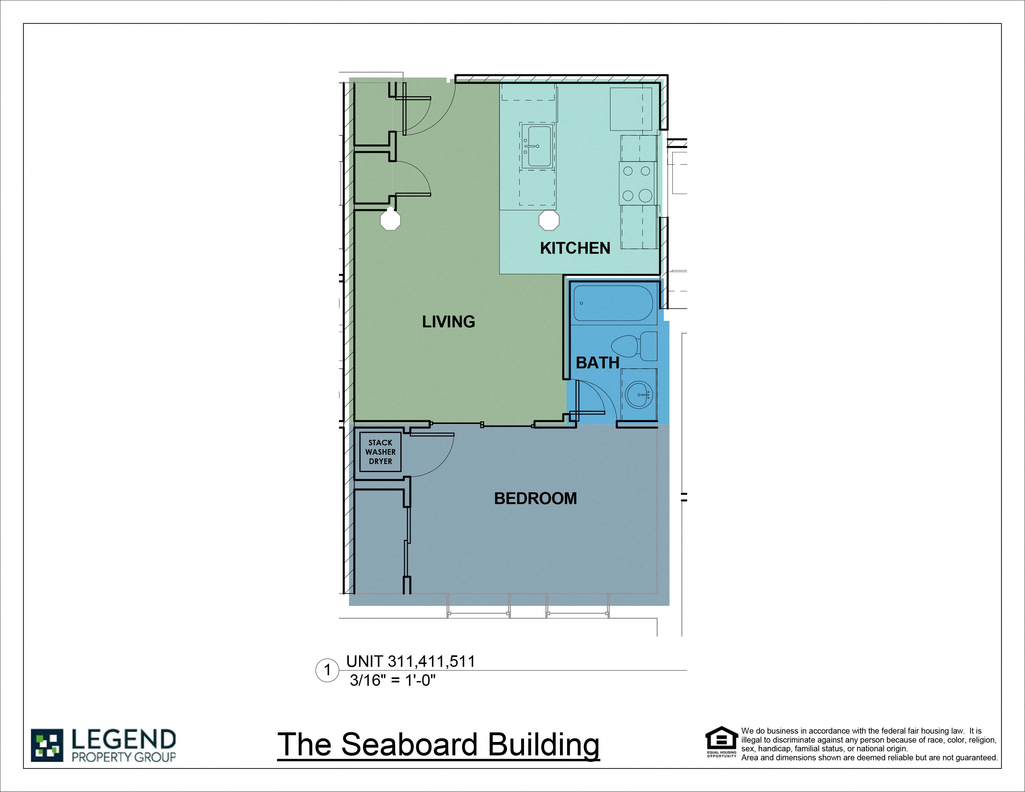 Floor plan for 1 bed, 1 bath, 588 sqft